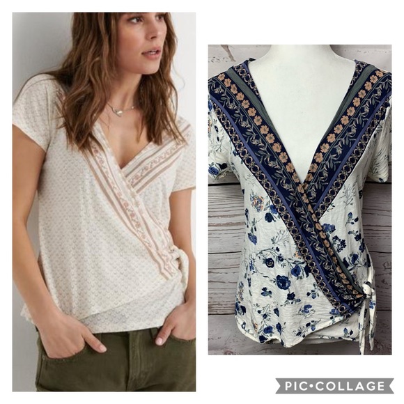 Lucky Brand Tops - Lucky Brand V-Neck Floral Faux Side Tie Wrap Top
